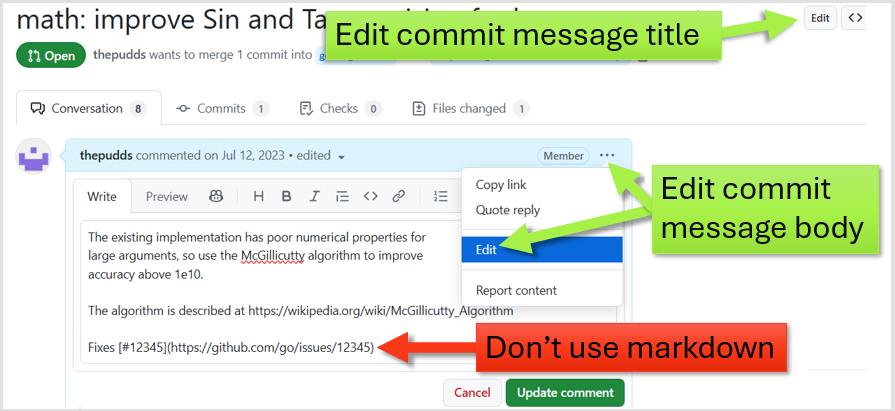 Screenshot of the GitHub PR web interface highlighting
the &ldquo;Edit&rdquo; button in top-right (for editing the Gerrit commit message title) and
the &ldquo;Edit&rdquo; menu option on the first comment (for editing the Gerrit commit message
body).